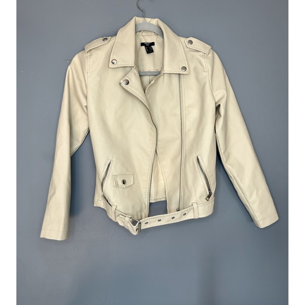 Forever 21 Moto Jacket Kids 13/14 Cream Vegan Leather Belted Biker Moto Zip